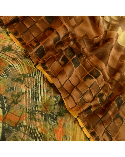 Sanskriti Vintage Sarees Digital Printed Blend Georgette Sari 5 Yd Craft Fabric, PRG-4736-Yellow-Digital Printed Floral Design-Blend Georgette-1