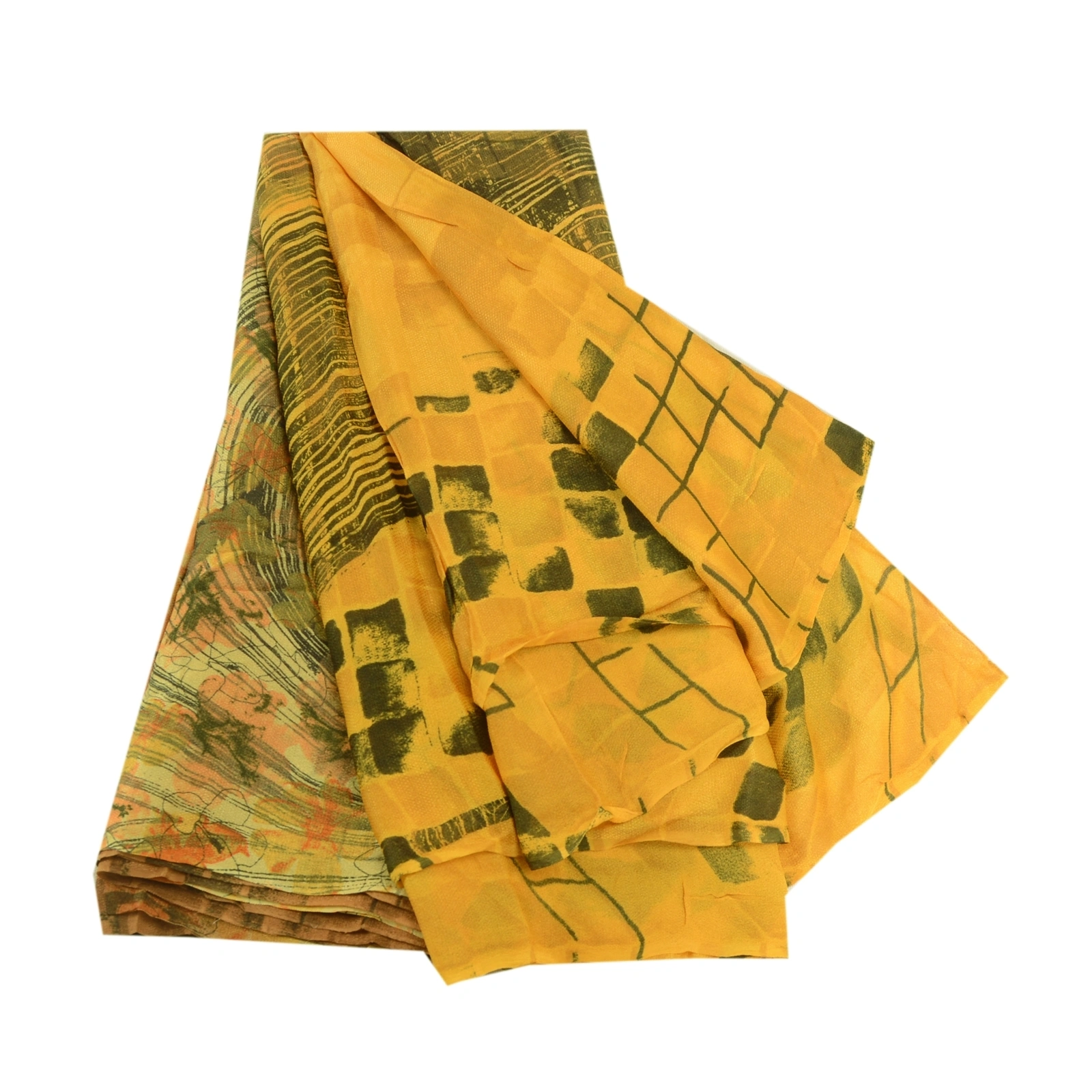 Sanskriti Vintage Sarees Digital Printed Blend Georgette Sari 5 Yd Craft Fabric, PRG-4736-Yellow-Digital Printed Floral Design-Blend Georgette-2