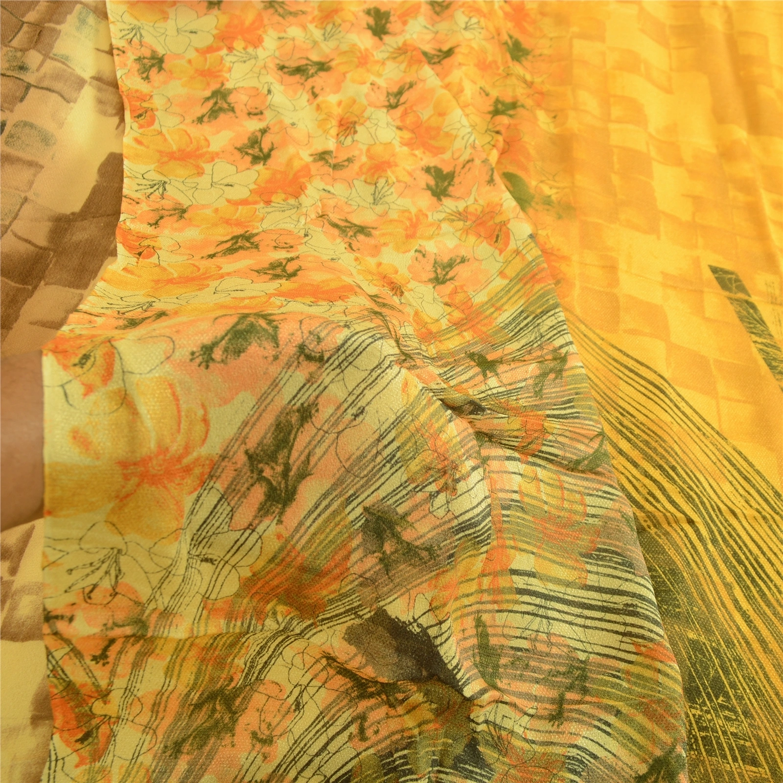 Sanskriti Vintage Sarees Digital Printed Blend Georgette Sari 5 Yd Craft Fabric, PRG-4736-Yellow-Digital Printed Floral Design-Blend Georgette-4