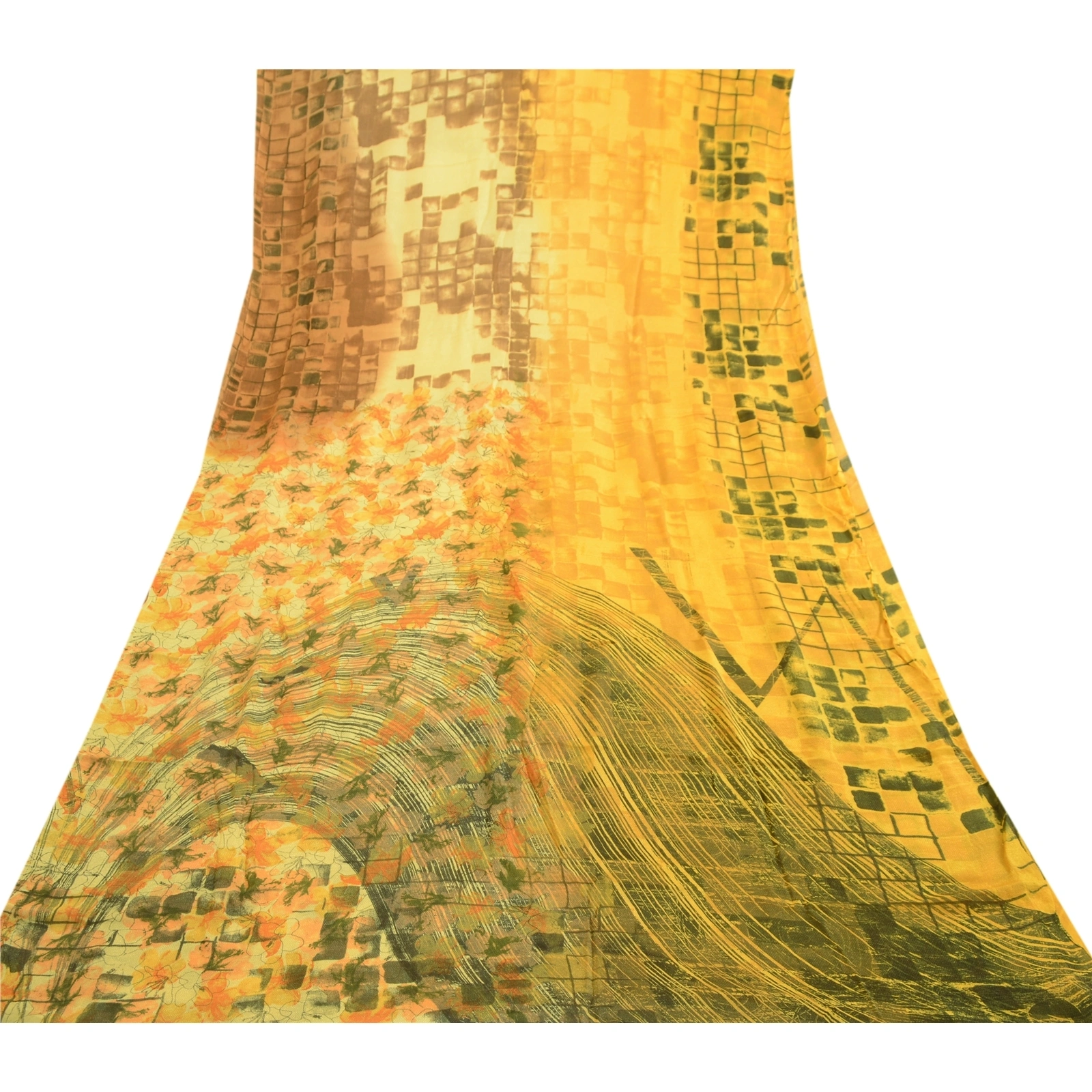 Sanskriti Vintage Sarees Digital Printed Blend Georgette Sari 5 Yd Craft Fabric, PRG-4736-Yellow-Digital Printed Floral Design-Blend Georgette-8