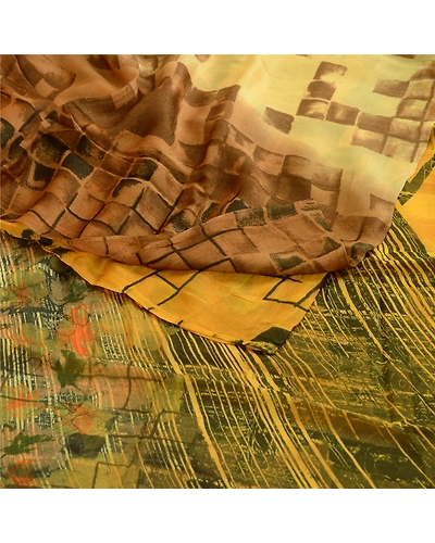 Sanskriti Vintage Sarees Digital Printed Blend Georgette Sari 5 Yd Craft Fabric, PRG-4736-Yellow-Digital Printed Floral Design-Blend Georgette-9