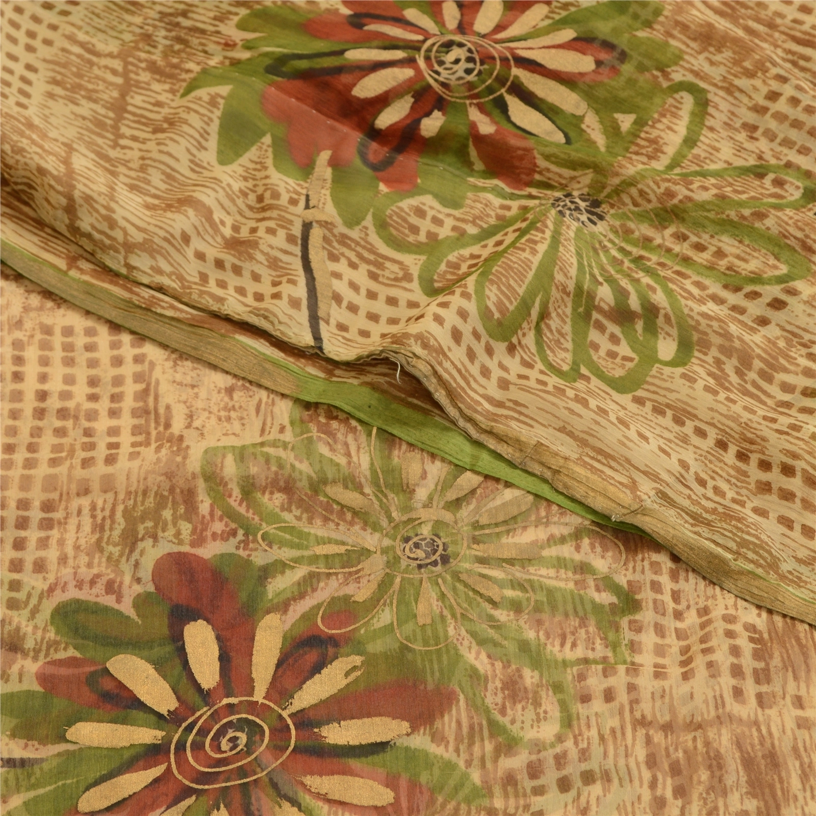 Sanskriti Vintage Brown Indian Sarees Chiffon Printed Sari Floral Craft Fabric, PRG-4828-Brown-Printed Floral Design-Poly Chiffon-1