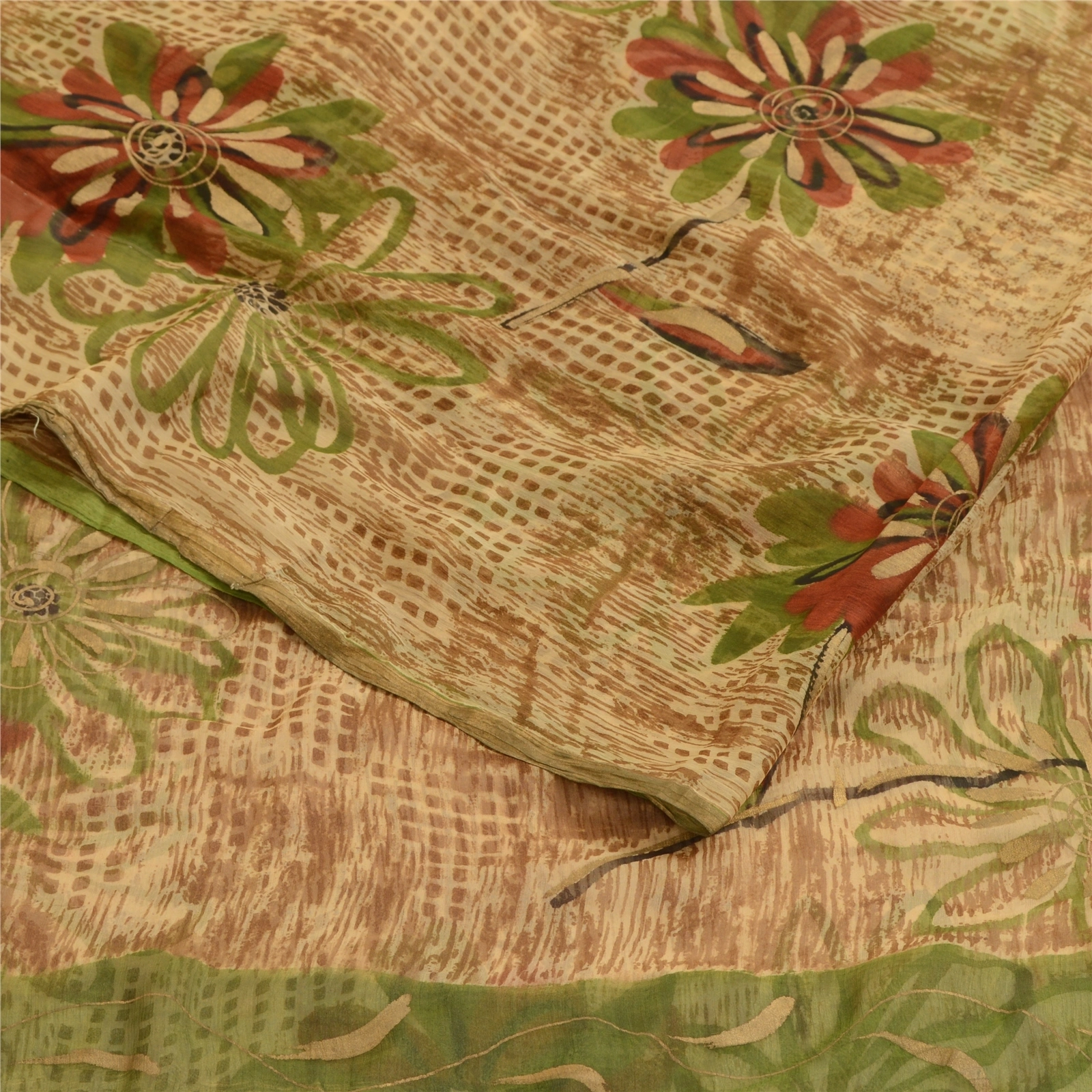 Sanskriti Vintage Brown Indian Sarees Chiffon Printed Sari Floral Craft Fabric, PRG-4828-Brown-Printed Floral Design-Poly Chiffon-7