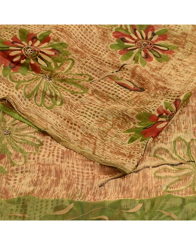 Sanskriti Vintage Brown Indian Sarees Chiffon Printed Sari Floral Craft Fabric, PRG-4828-Brown-Printed Floral Design-Poly Chiffon-7