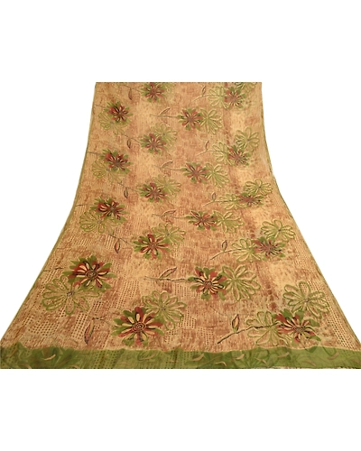 Sanskriti Vintage Brown Indian Sarees Chiffon Printed Sari Floral Craft Fabric, PRG-4828-Brown-Printed Floral Design-Poly Chiffon-8