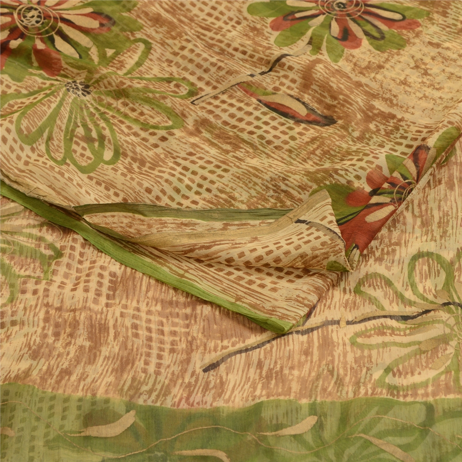 Sanskriti Vintage Brown Indian Sarees Chiffon Printed Sari Floral Craft Fabric, PRG-4828-Brown-Printed Floral Design-Poly Chiffon-9