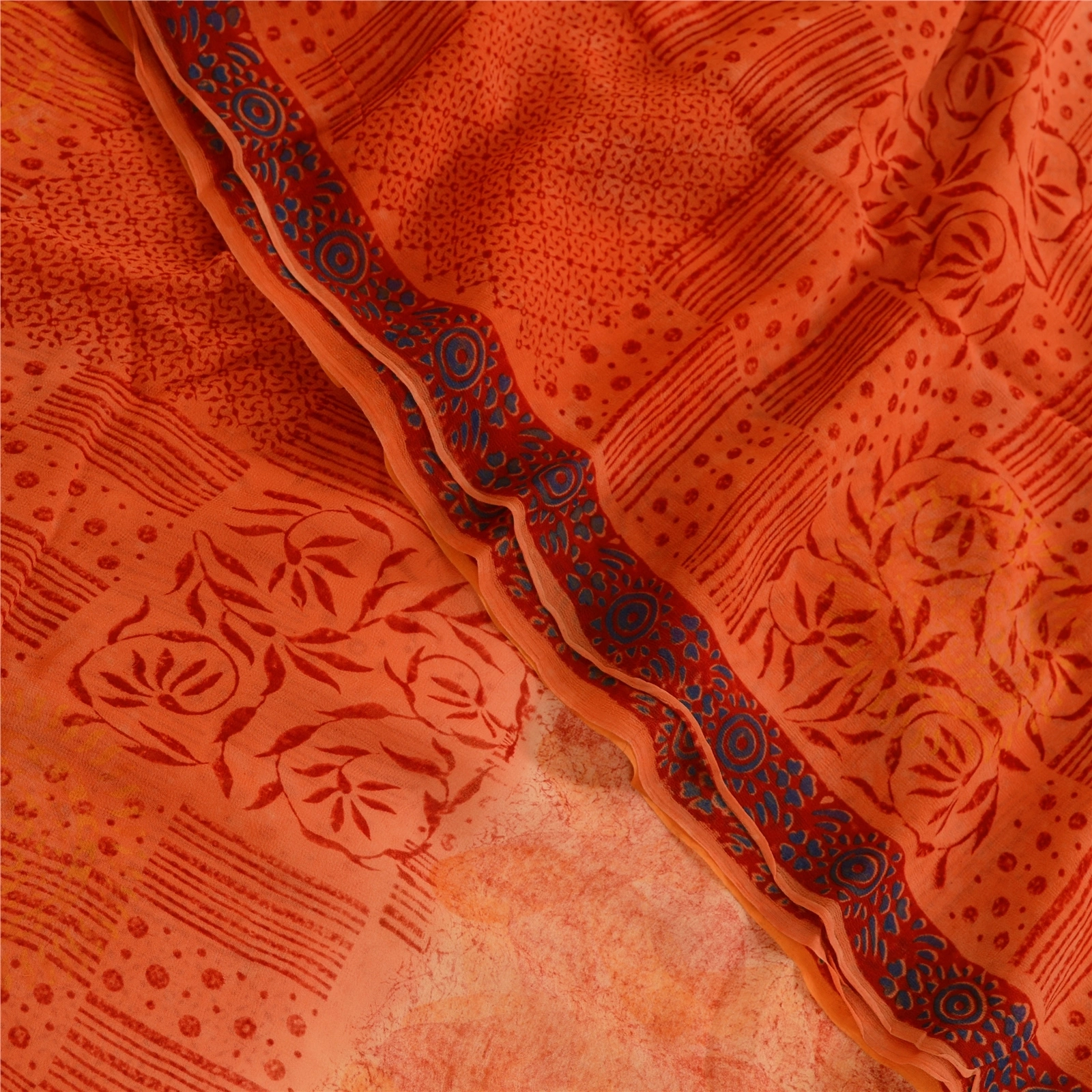 Sanskriti Vintage Orange Sarees Blend Chiffon Printed Sari Craft 5 Yard Fabric, PRG-4832-Orange-Printed Floral Design-Blend Chiffon-1