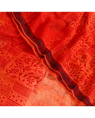Sanskriti Vintage Orange Sarees Blend Chiffon Printed Sari Craft 5 Yard Fabric, PRG-4832-Orange-Printed Floral Design-Blend Chiffon-1