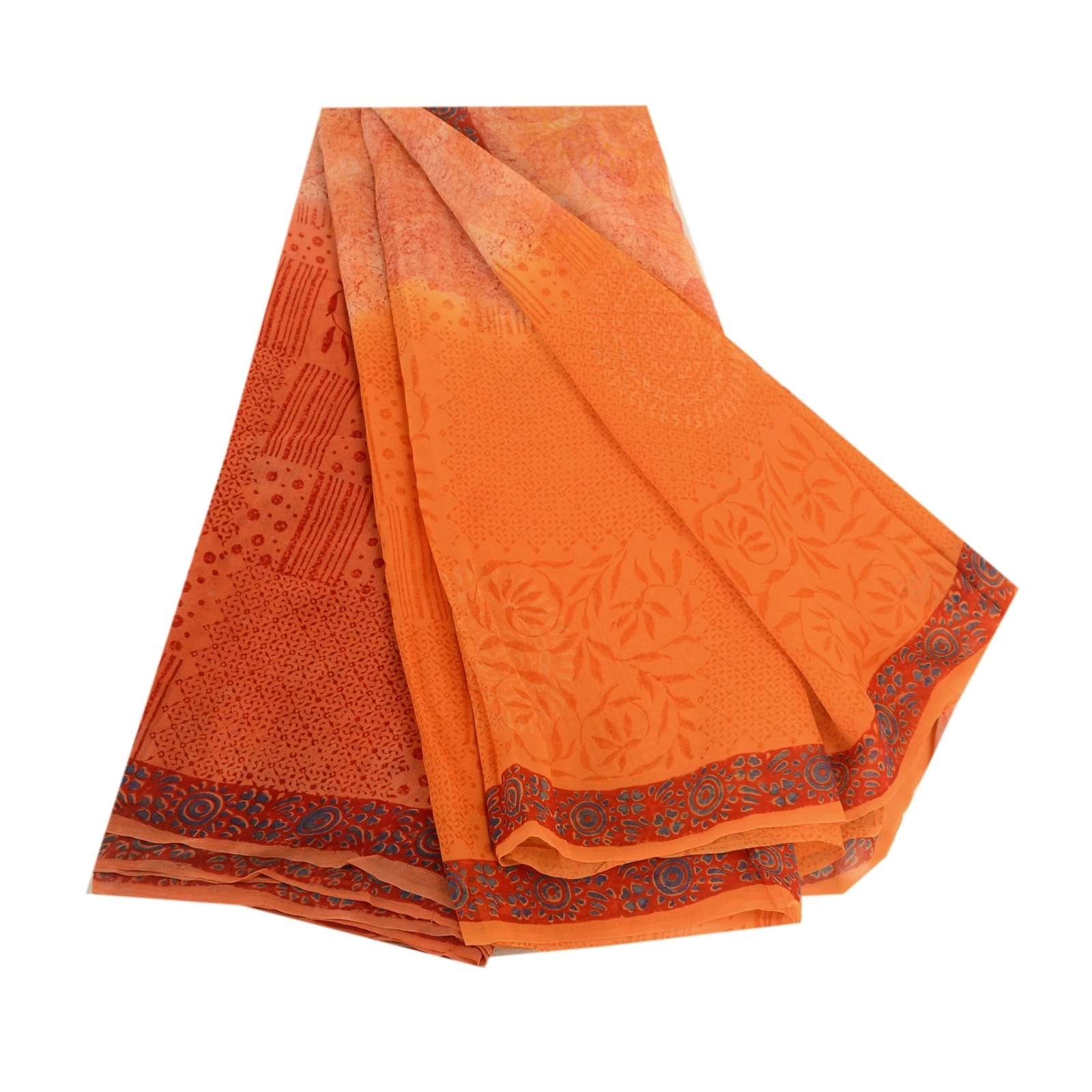 Sanskriti Vintage Orange Sarees Blend Chiffon Printed Sari Craft 5 Yard Fabric, PRG-4832-Orange-Printed Floral Design-Blend Chiffon-2