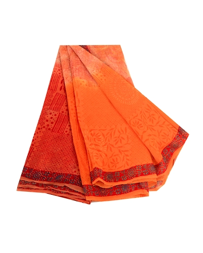 Sanskriti Vintage Orange Sarees Blend Chiffon Printed Sari Craft 5 Yard Fabric, PRG-4832-Orange-Printed Floral Design-Blend Chiffon-2