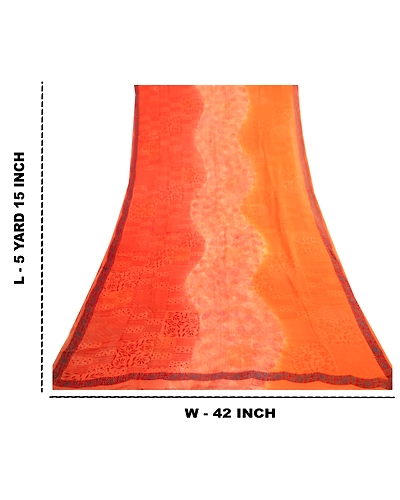 Sanskriti Vintage Orange Sarees Blend Chiffon Printed Sari Craft 5 Yard Fabric, PRG-4832-Orange-Printed Floral Design-Blend Chiffon-3