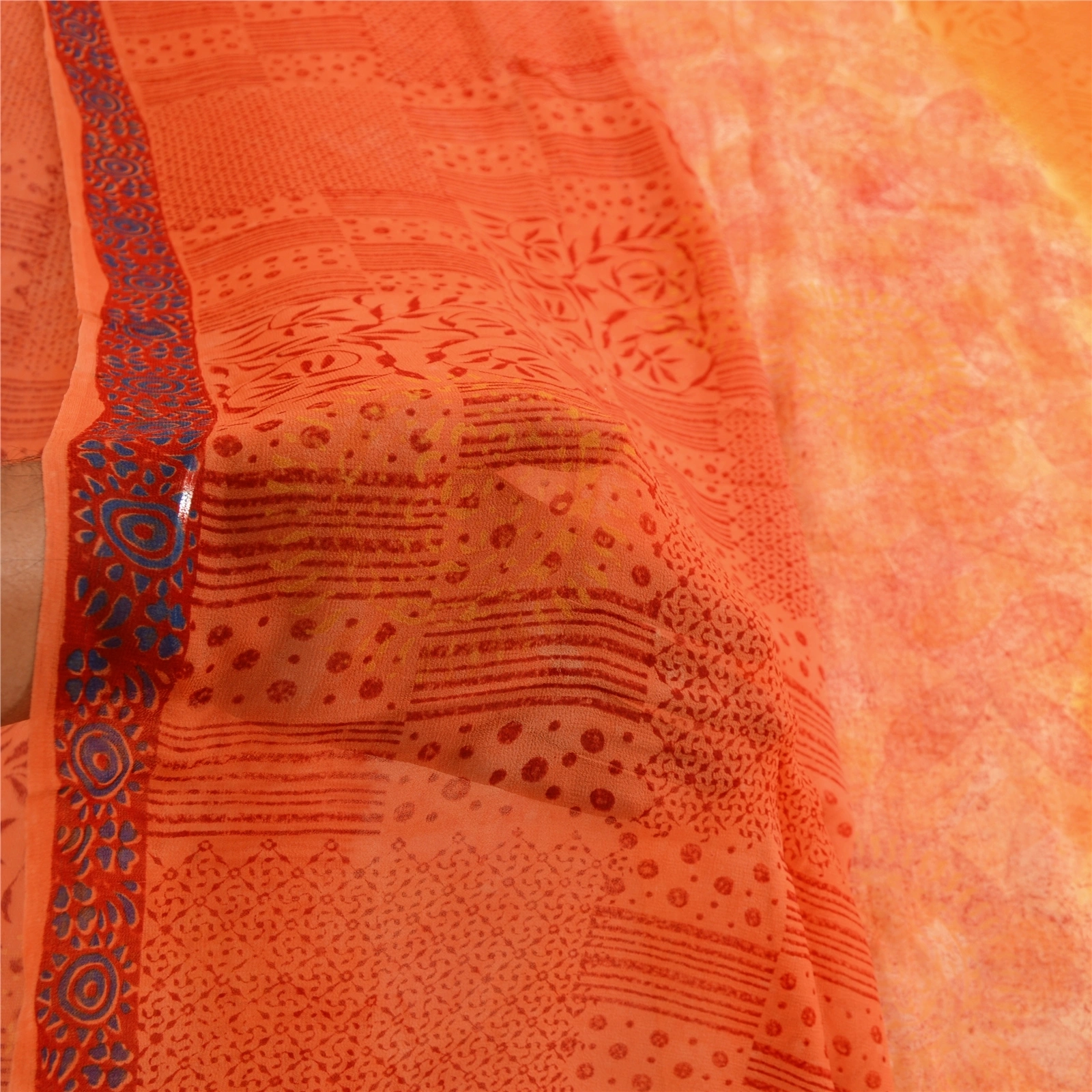 Sanskriti Vintage Orange Sarees Blend Chiffon Printed Sari Craft 5 Yard Fabric, PRG-4832-Orange-Printed Floral Design-Blend Chiffon-4