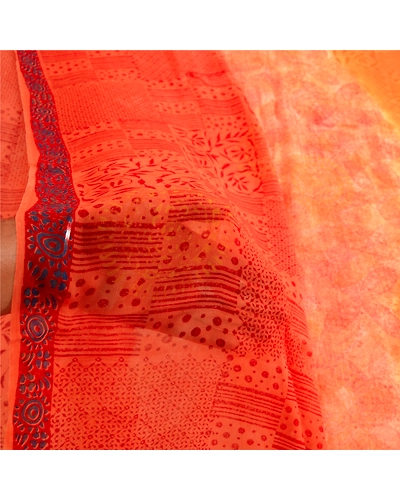 Sanskriti Vintage Orange Sarees Blend Chiffon Printed Sari Craft 5 Yard Fabric, PRG-4832-Orange-Printed Floral Design-Blend Chiffon-4