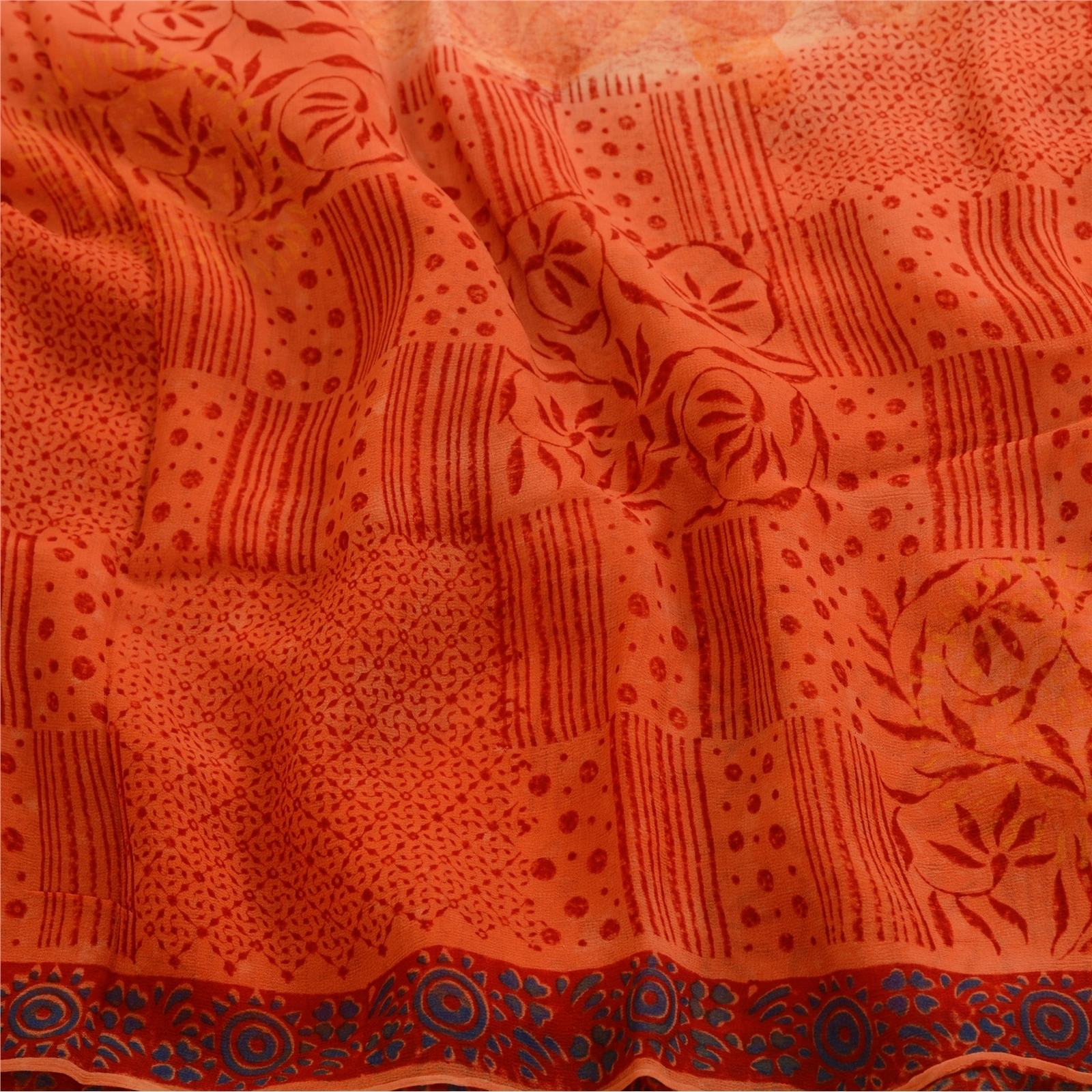 Sanskriti Vintage Orange Sarees Blend Chiffon Printed Sari Craft 5 Yard Fabric, PRG-4832-Orange-Printed Floral Design-Blend Chiffon-6