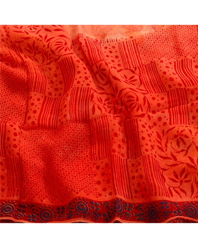 Sanskriti Vintage Orange Sarees Blend Chiffon Printed Sari Craft 5 Yard Fabric, PRG-4832-Orange-Printed Floral Design-Blend Chiffon-6