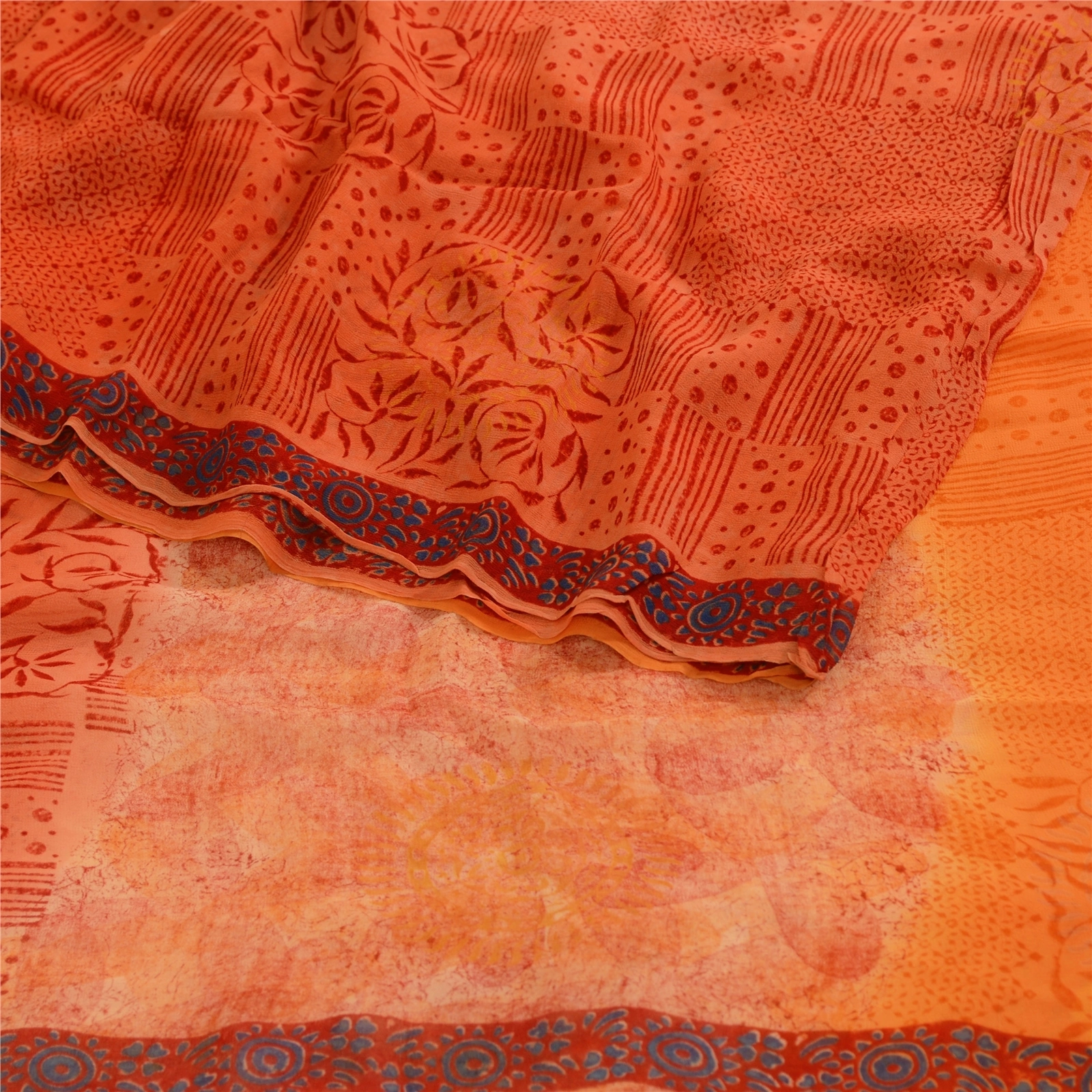 Sanskriti Vintage Orange Sarees Blend Chiffon Printed Sari Craft 5 Yard Fabric, PRG-4832-Orange-Printed Floral Design-Blend Chiffon-7