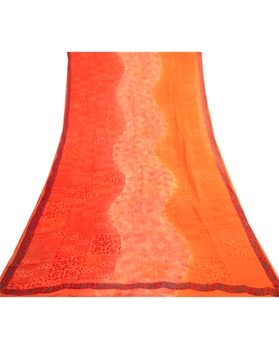 Sanskriti Vintage Orange Sarees Blend Chiffon Printed Sari Craft 5 Yard Fabric, PRG-4832-Orange-Printed Floral Design-Blend Chiffon-8