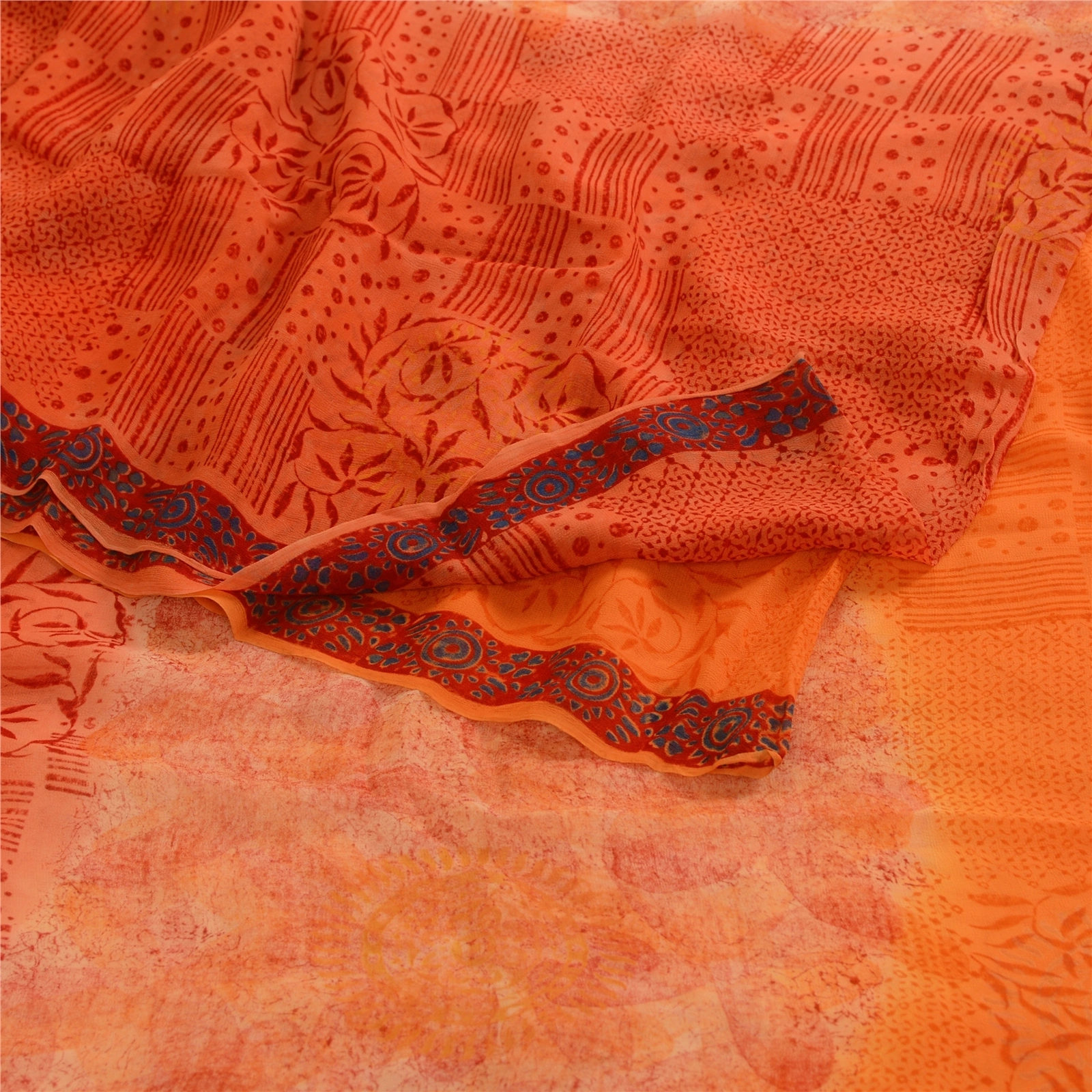 Sanskriti Vintage Orange Sarees Blend Chiffon Printed Sari Craft 5 Yard Fabric, PRG-4832-Orange-Printed Floral Design-Blend Chiffon-9