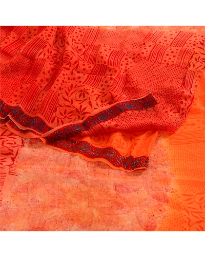Sanskriti Vintage Orange Sarees Blend Chiffon Printed Sari Craft 5 Yard Fabric, PRG-4832-Orange-Printed Floral Design-Blend Chiffon-9