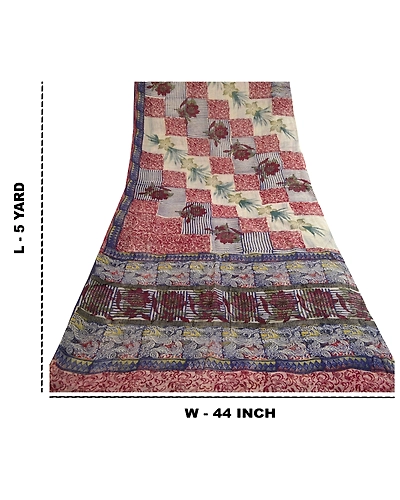 Sanskriti Vintage Blue Sarees Block Printed Blend Georgette Sari Craft Fabric, PRG-4970-Blue-Printed Floral Design-Blend Georgette-3