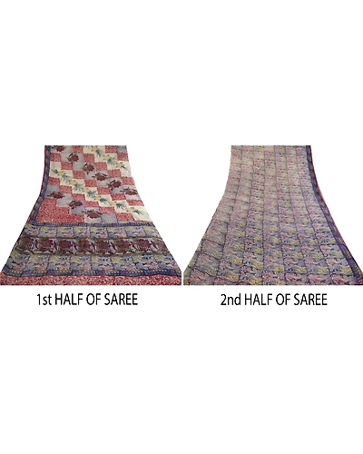 Sanskriti Vintage Blue Sarees Block Printed Blend Georgette Sari Craft Fabric, PRG-4970-Blue-Printed Floral Design-Blend Georgette-5