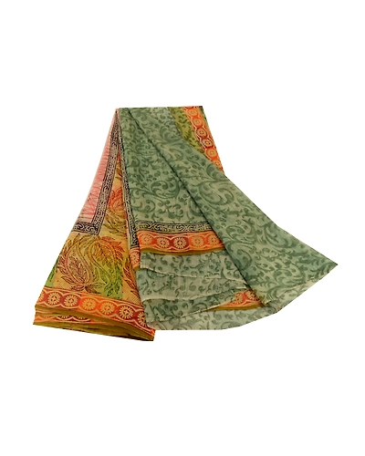 Sanskriti Vintage Sarees Indian Printed Blend Georgette Sari Craft 5 Yard Fabric, PRG-4999-Multi-Printed Floral Design-Blend Georgette-2