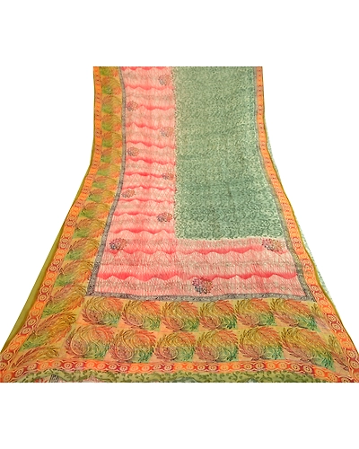 Sanskriti Vintage Sarees Indian Printed Blend Georgette Sari Craft 5 Yard Fabric, PRG-4999-Multi-Printed Floral Design-Blend Georgette-9
