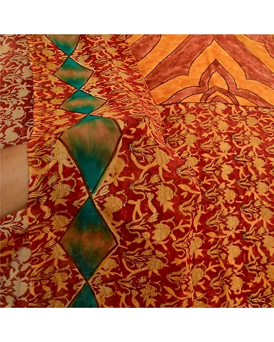Sanskriti Vintage Pure Georgette Silk Sarees Red Printed Sari 5Yd Craft Fabric, PRG-507-Red-Printed Work With Floral Design-Pure Georgette Silk-4