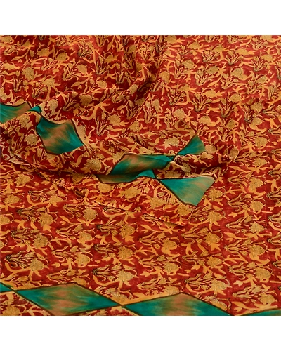Sanskriti Vintage Pure Georgette Silk Sarees Red Printed Sari 5Yd Craft Fabric, PRG-507-Red-Printed Work With Floral Design-Pure Georgette Silk-9