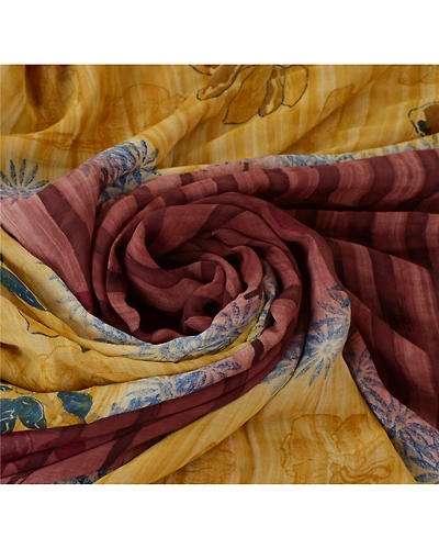 Sanskriti Vintage Sarees Pure Georgette Silk Printed Sari 5 Yd Craft Soft Fabric, PRG-5169-Brown-Printed Floral Design-Pure Georgette Silk-5