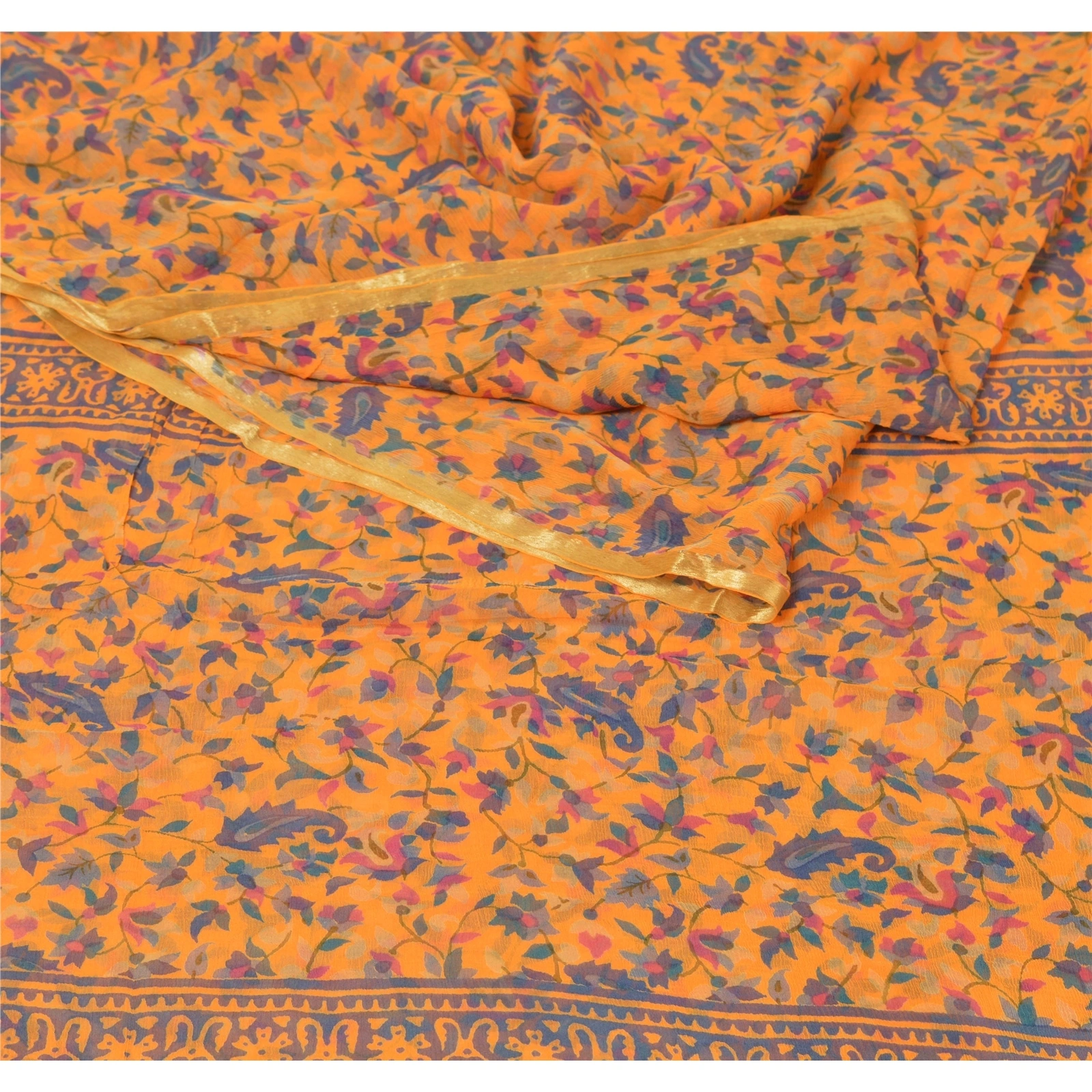 Sanskriti Vintage Saffron Sarees Blend Georgette Printed Sari Craft 5 Yd Fabric, PRG-5293-Saffron-Printed Floral Design-Blend Georgette-1