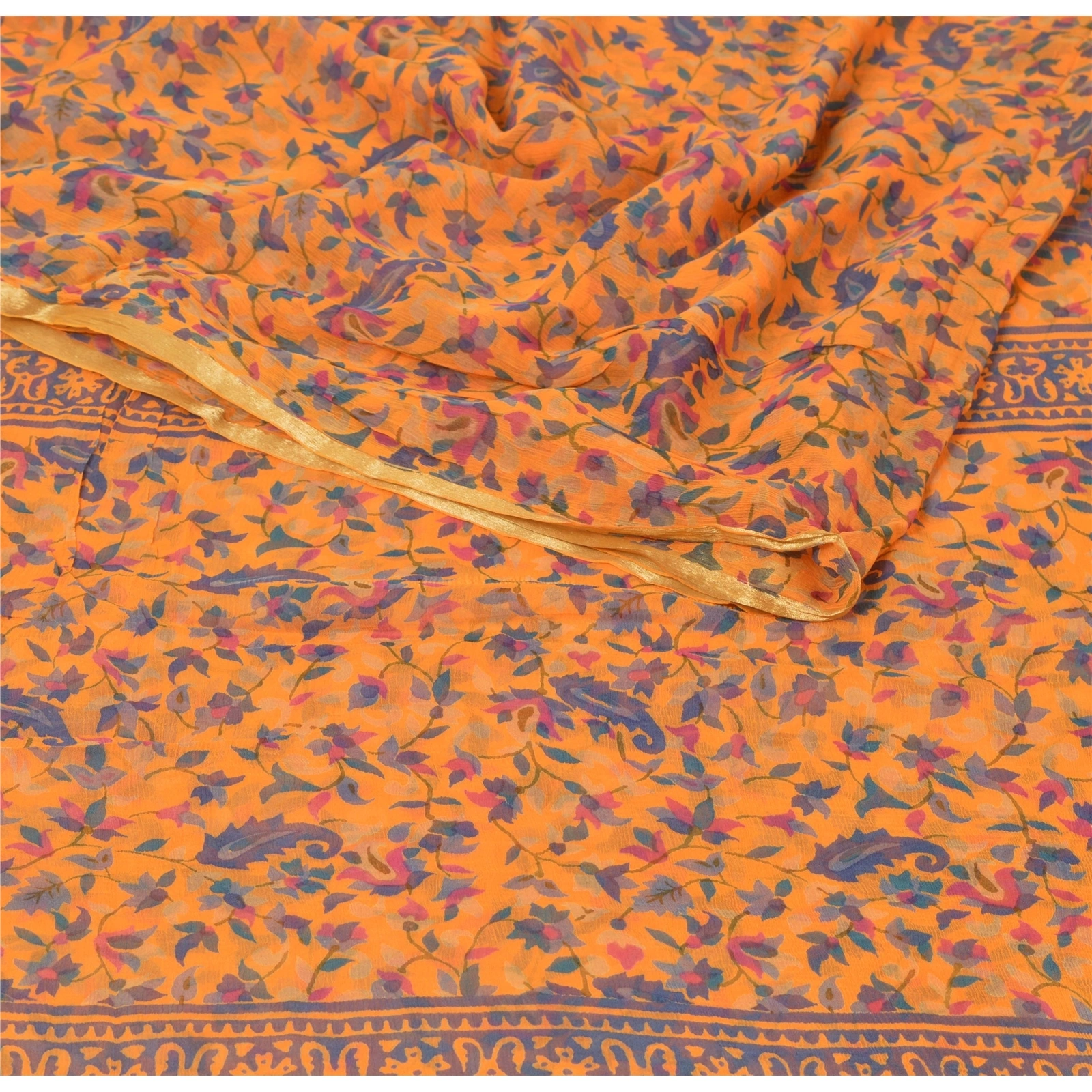 Sanskriti Vintage Saffron Sarees Blend Georgette Printed Sari Craft 5 Yd Fabric, PRG-5293-Saffron-Printed Floral Design-Blend Georgette-2