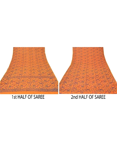 Sanskriti Vintage Saffron Sarees Blend Georgette Printed Sari Craft 5 Yd Fabric, PRG-5293-Saffron-Printed Floral Design-Blend Georgette-3