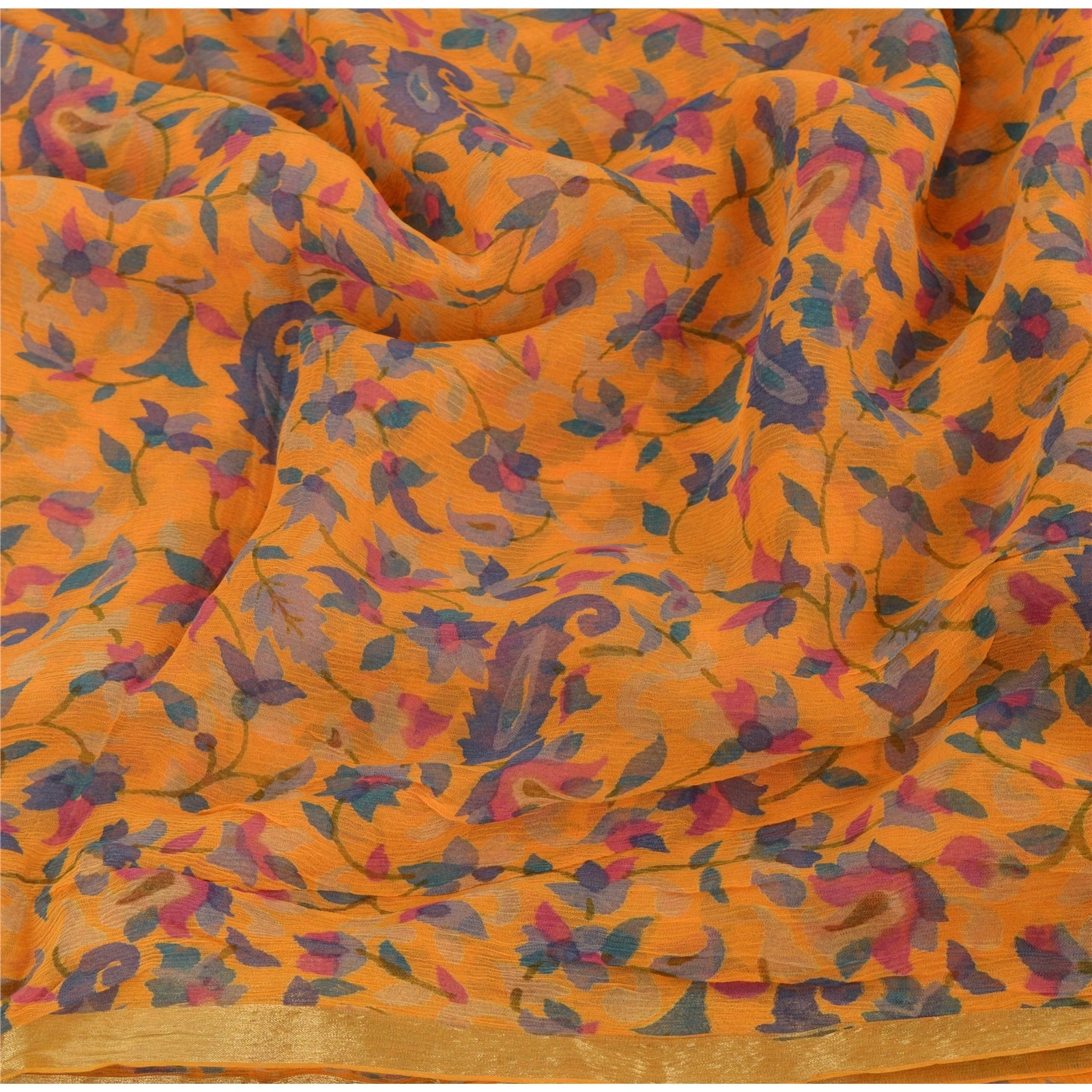 Sanskriti Vintage Saffron Sarees Blend Georgette Printed Sari Craft 5 Yd Fabric, PRG-5293-Saffron-Printed Floral Design-Blend Georgette-4