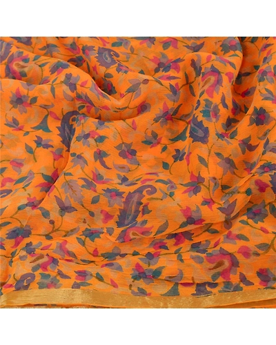 Sanskriti Vintage Saffron Sarees Blend Georgette Printed Sari Craft 5 Yd Fabric, PRG-5293-Saffron-Printed Floral Design-Blend Georgette-4