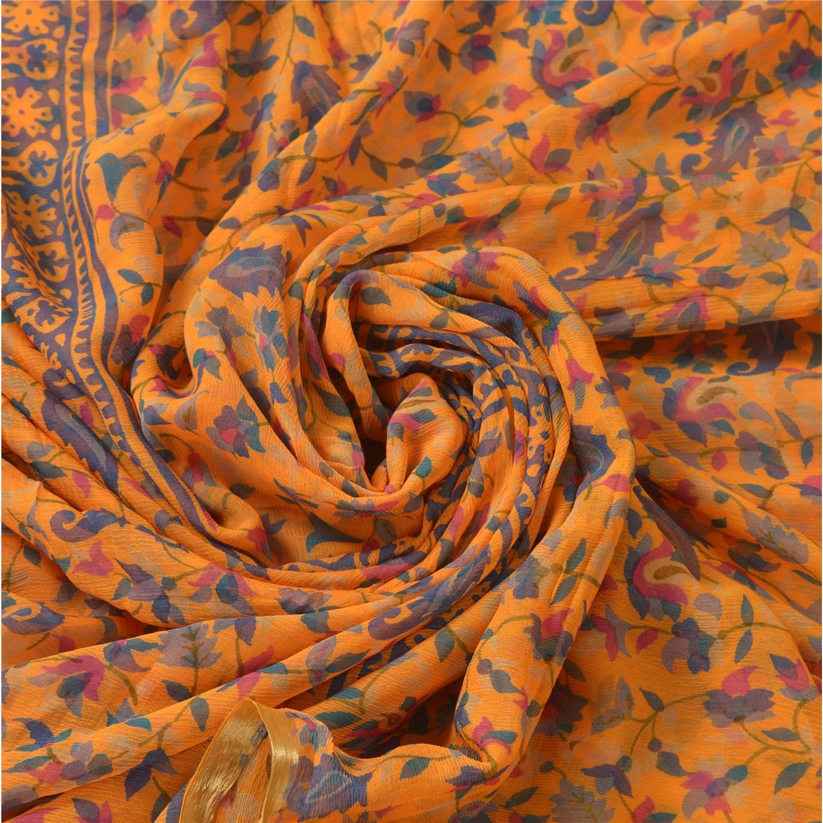 Sanskriti Vintage Saffron Sarees Blend Georgette Printed Sari Craft 5 Yd Fabric, PRG-5293-Saffron-Printed Floral Design-Blend Georgette-5