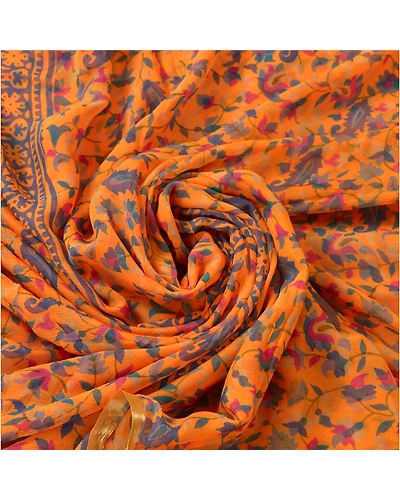 Sanskriti Vintage Saffron Sarees Blend Georgette Printed Sari Craft 5 Yd Fabric, PRG-5293-Saffron-Printed Floral Design-Blend Georgette-5