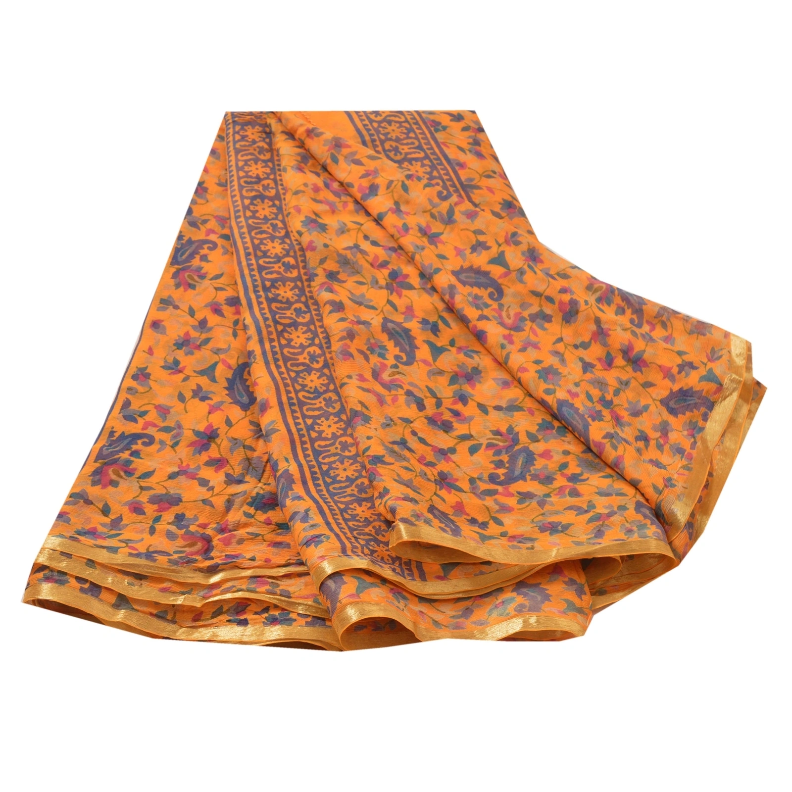 Sanskriti Vintage Saffron Sarees Blend Georgette Printed Sari Craft 5 Yd Fabric, PRG-5293-Saffron-Printed Floral Design-Blend Georgette-6