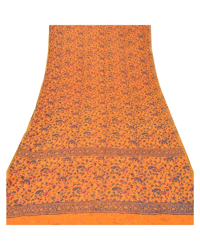 Sanskriti Vintage Saffron Sarees Blend Georgette Printed Sari Craft 5 Yd Fabric, PRG-5293-Saffron-Printed Floral Design-Blend Georgette-7