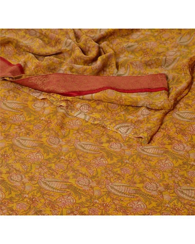 Sanskriti Vintage Yellow Sarees Georgette Printed Indian Sari 5 Yd Craft Fabric, PRG-5359-Yellow-Printed Floral Design-Georgette-1