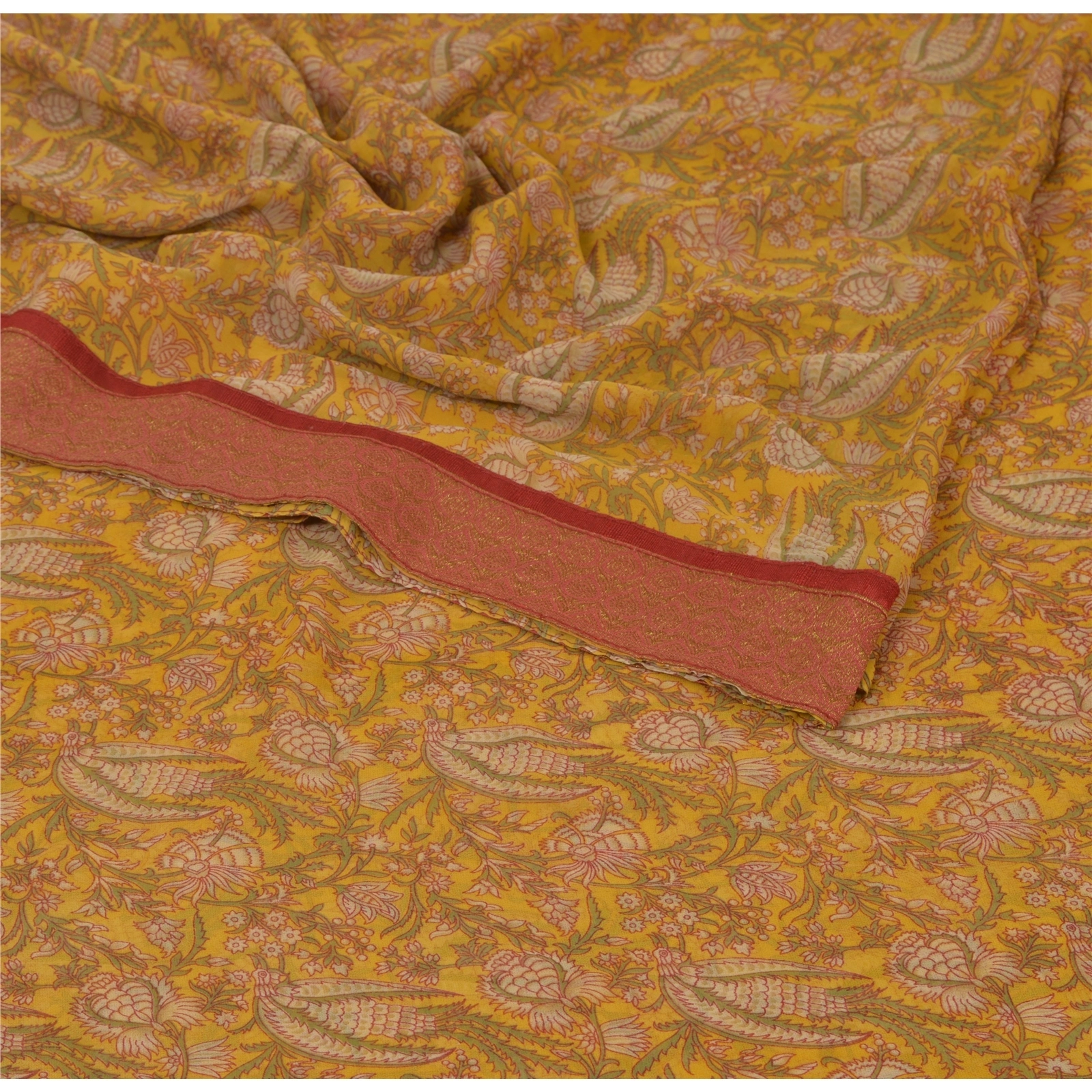 Sanskriti Vintage Yellow Sarees Georgette Printed Indian Sari 5 Yd Craft Fabric, PRG-5359-Yellow-Printed Floral Design-Georgette-2