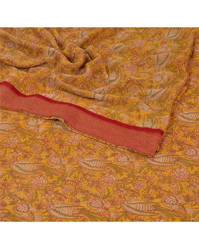 Sanskriti Vintage Yellow Sarees Georgette Printed Indian Sari 5 Yd Craft Fabric, PRG-5359-Yellow-Printed Floral Design-Georgette-2