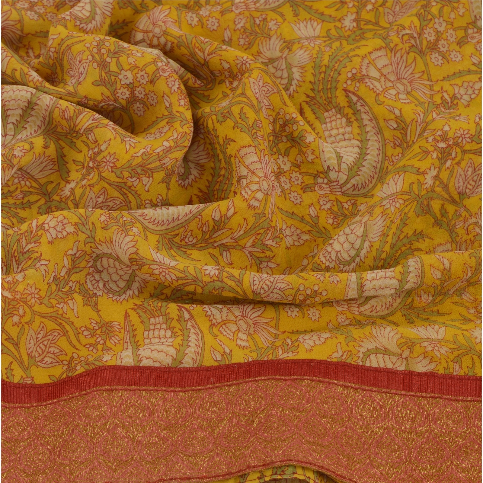 Sanskriti Vintage Yellow Sarees Georgette Printed Indian Sari 5 Yd Craft Fabric, PRG-5359-Yellow-Printed Floral Design-Georgette-4