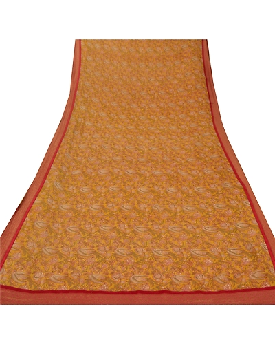 Sanskriti Vintage Yellow Sarees Georgette Printed Indian Sari 5 Yd Craft Fabric, PRG-5359-Yellow-Printed Floral Design-Georgette-7