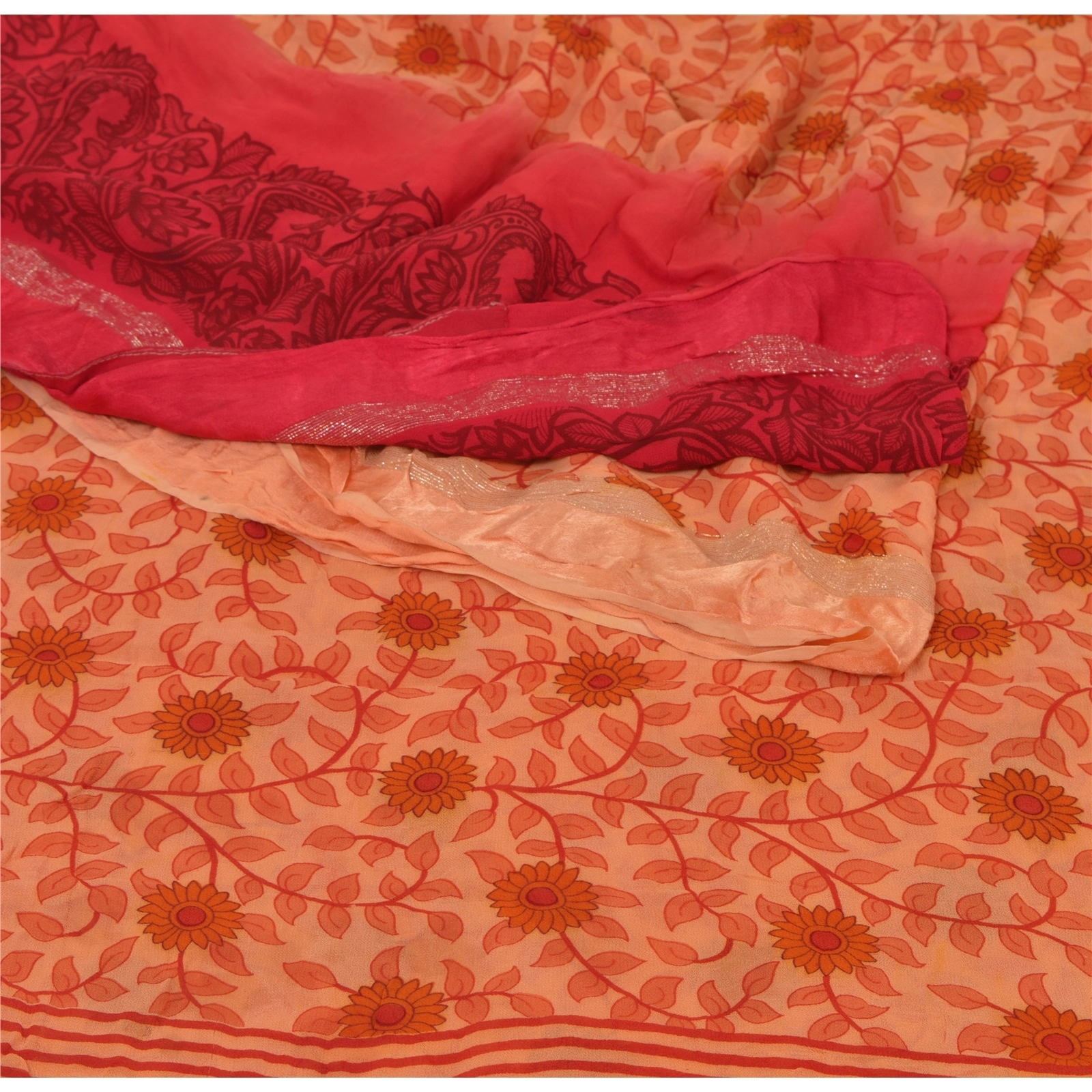 Sanskriti Vintage Peach Sarees Blend Georgette Printed Sari 5 Yd Craft Fabric, PRG-5362-Peach-Printed Floral Design-Blend Georgette-1