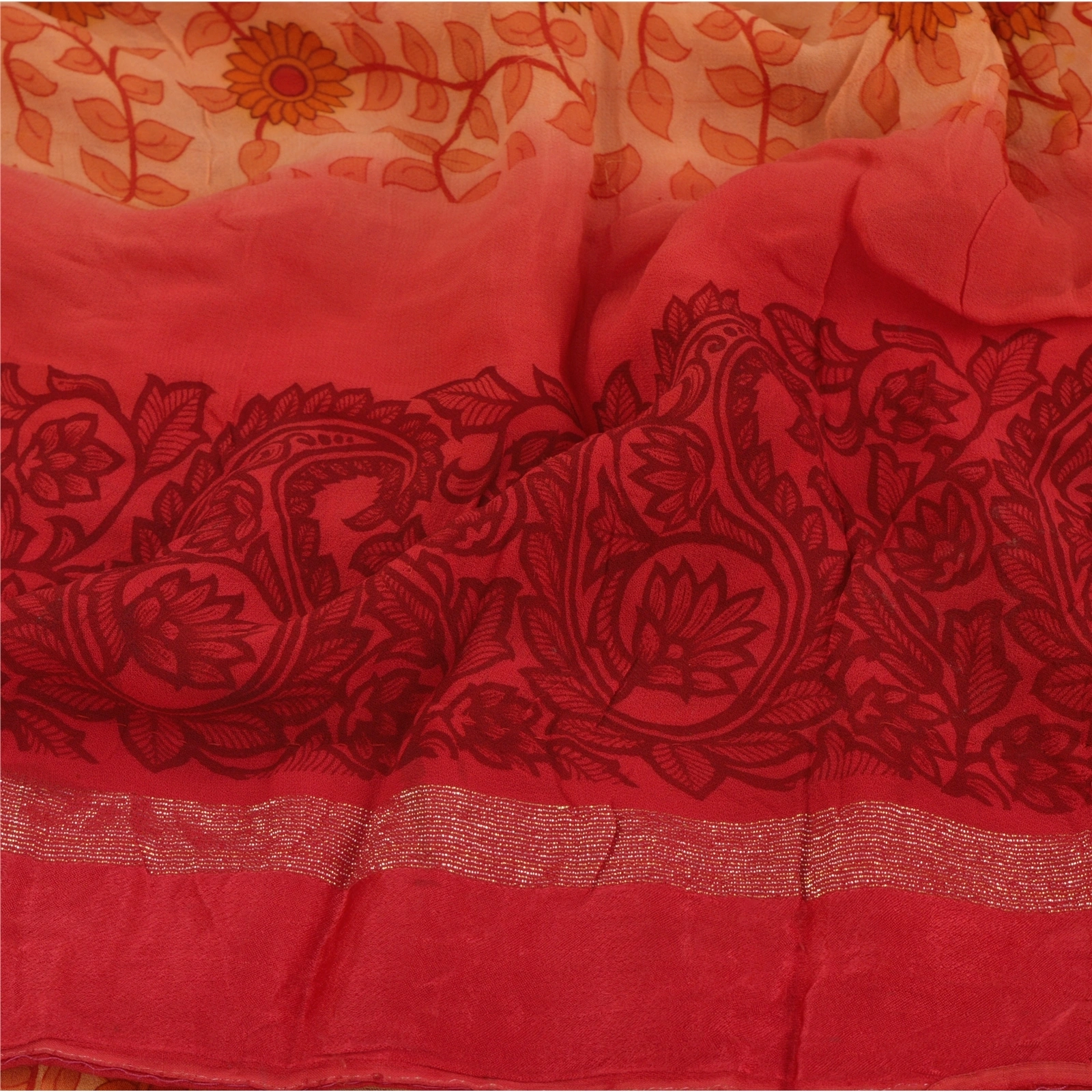 Sanskriti Vintage Peach Sarees Blend Georgette Printed Sari 5 Yd Craft Fabric, PRG-5362-Peach-Printed Floral Design-Blend Georgette-4