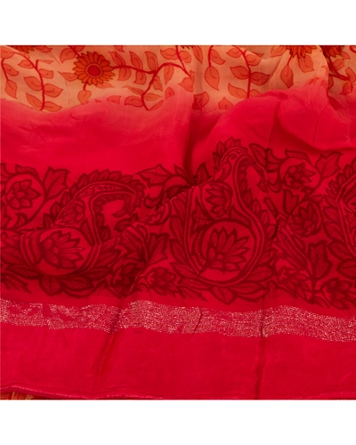 Sanskriti Vintage Peach Sarees Blend Georgette Printed Sari 5 Yd Craft Fabric, PRG-5362-Peach-Printed Floral Design-Blend Georgette-4