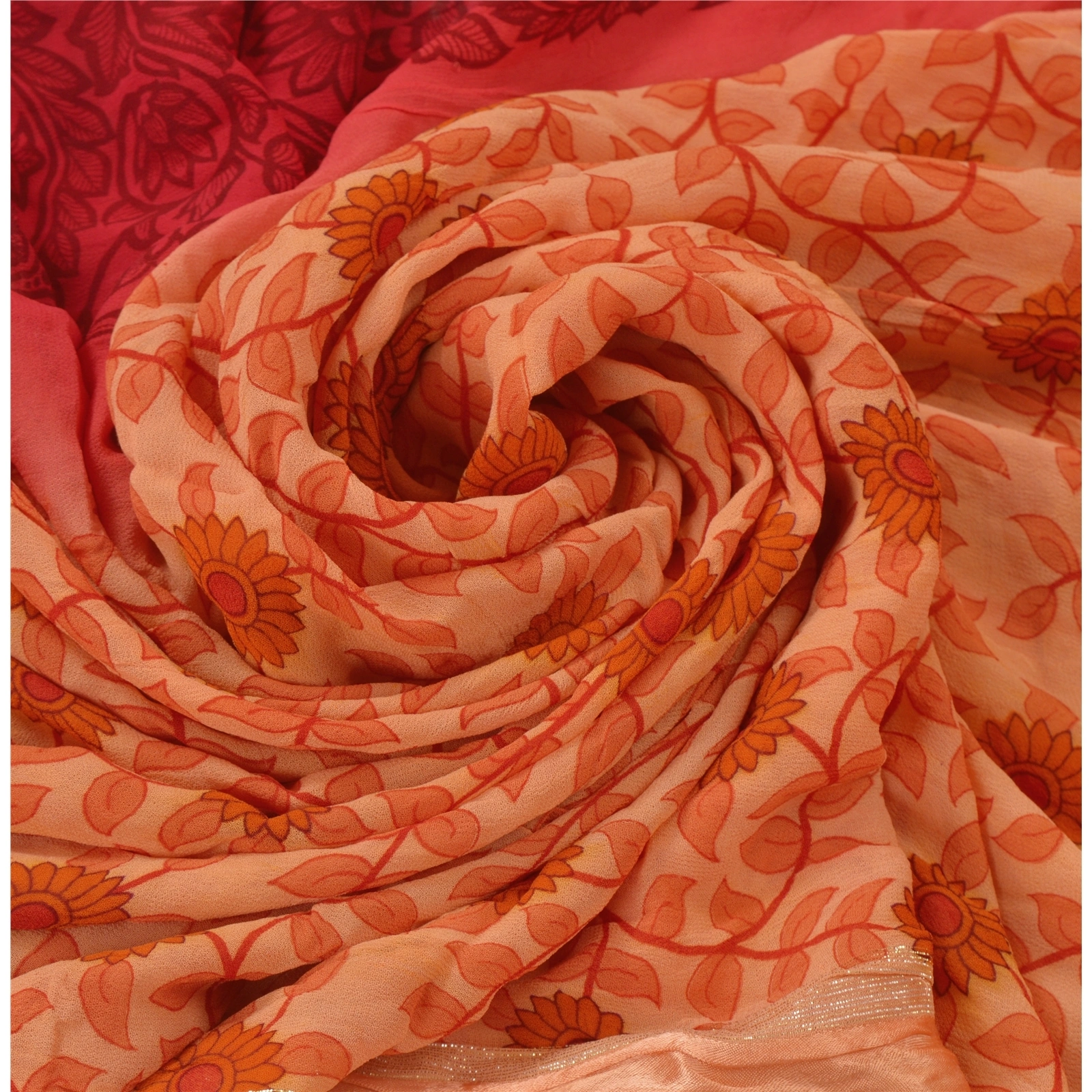 Sanskriti Vintage Peach Sarees Blend Georgette Printed Sari 5 Yd Craft Fabric, PRG-5362-Peach-Printed Floral Design-Blend Georgette-5