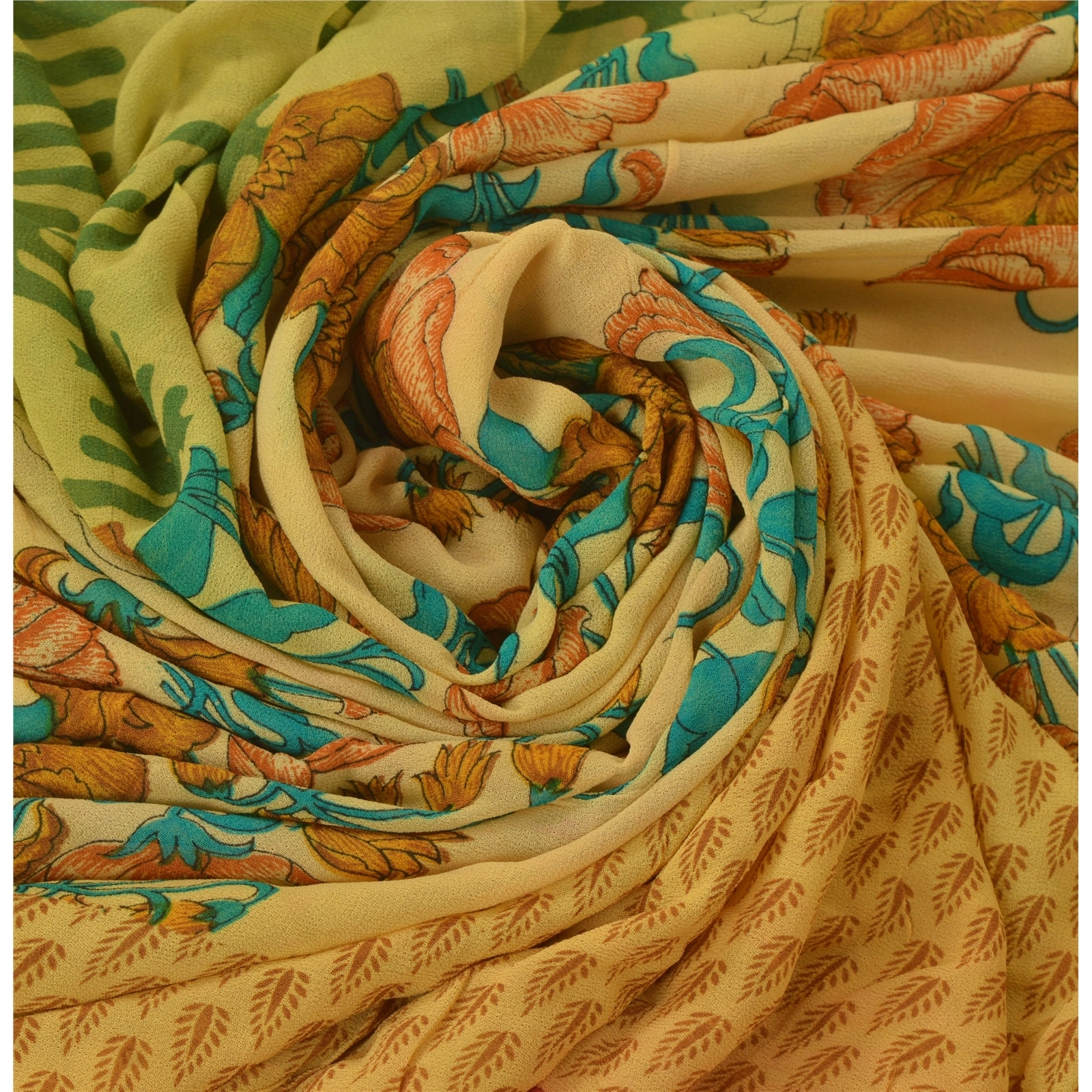 Sanskriti Vintage Cream Sarees Blend Georgette Printed Sari 5 Yard Craft Fabric, PRG-5378-Cream-Printed Floral Design-Blend Georgette-5