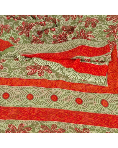 Sanskriti Vintage Green Indian Sari Georgette Printed Sarees Craft 5 Yard Fabric, PRG-5550-Green-Printed Floral Design-Georgette-1